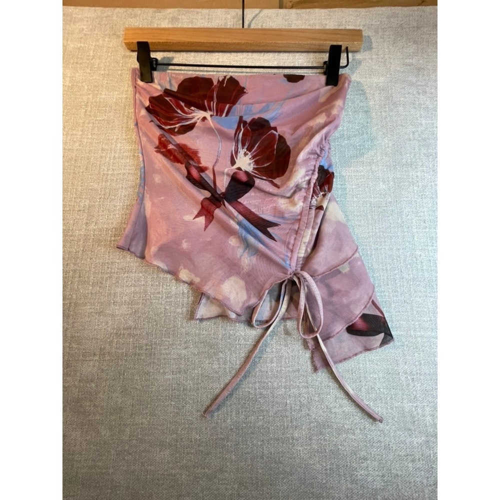Tiger Mist Pink Floral Mesh Asymmetrical Ruched Tube Top Small
